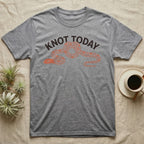 Corn Snake Knot Today T-Shirt in Sport Grey — Worn-stamp corn snake stretched into a half-tied bow beneath a fat arched "KNOT TODAY" headline.