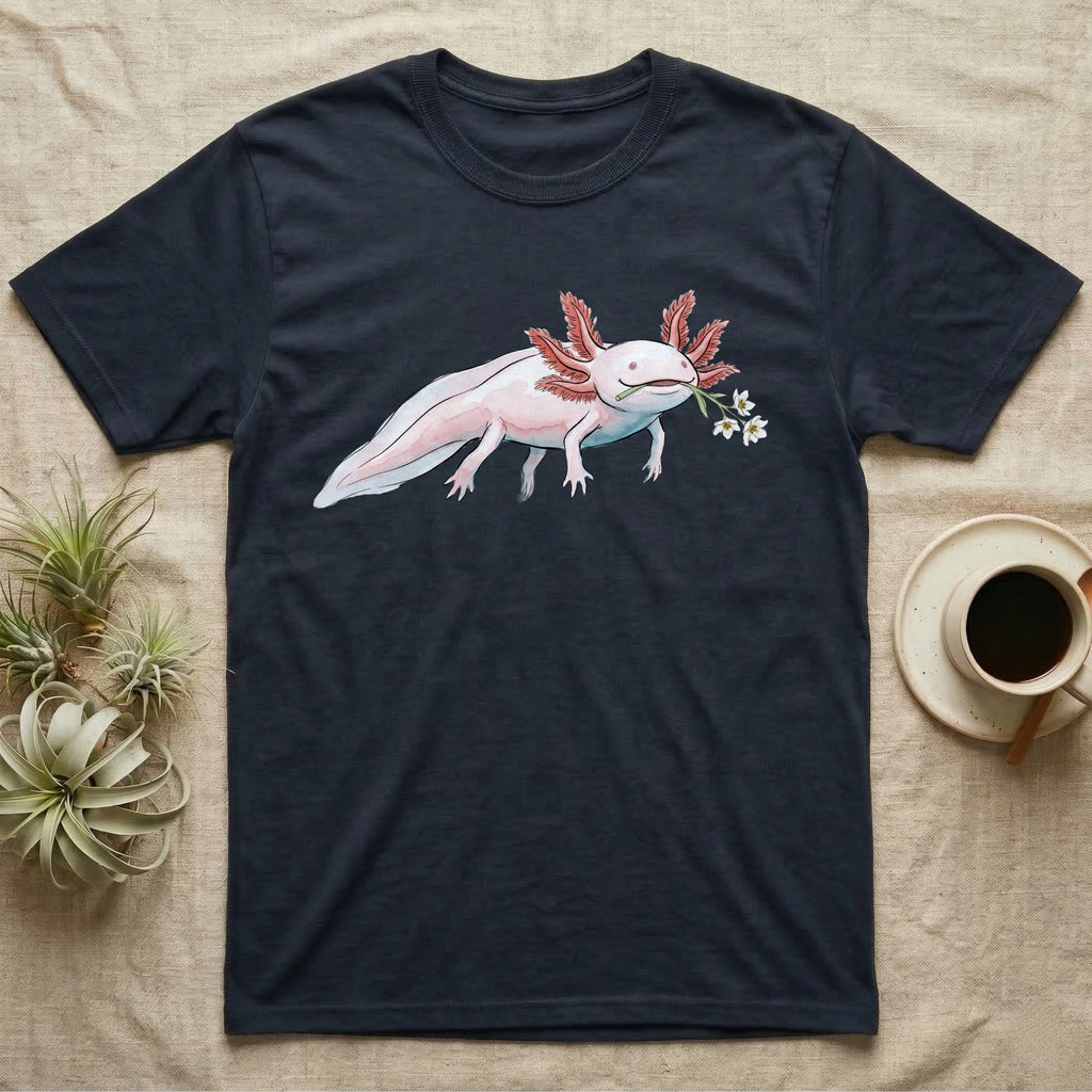 Axolotl Blossom T-Shirt in Navy — Watercolor illustration of a pink leucistic axolotl with feathery gills holding an aquatic blossom sprig, on a dark grey t-shirt.