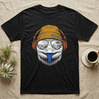 Blue-Tongued Skink Headphones T-Shirt in Black — Engraved blue-tongued skink with cobalt tongue out, wearing a beanie and headphones, aviators reflecting the outback.