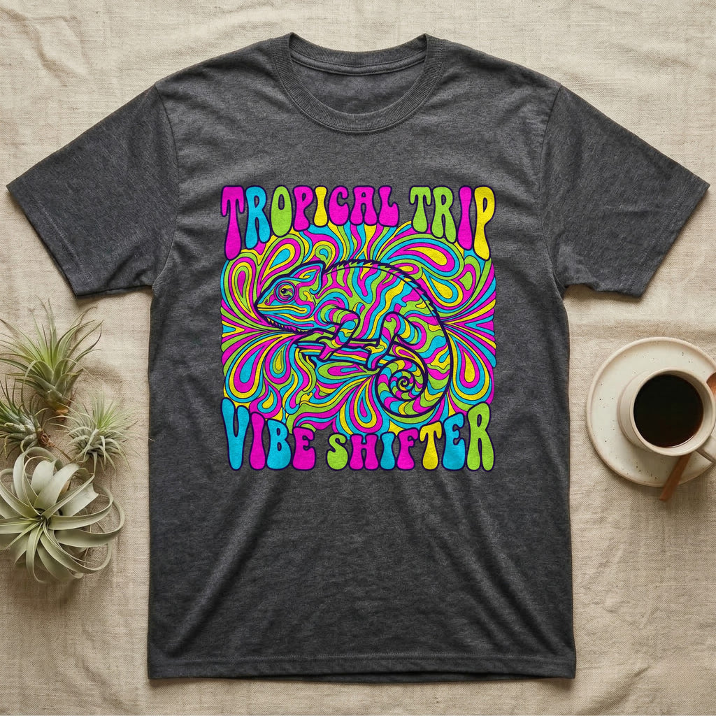 Dark grey t-shirt with a vibrant, psychedelic chameleon and "Tropical Trip Vibe Shifter" text.
