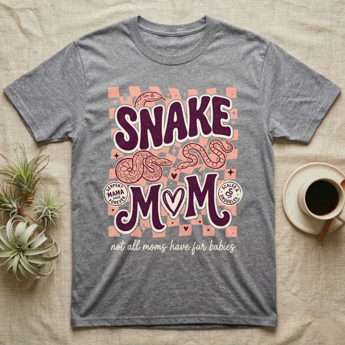 Grey t-shirt with "Snake Mom" design and snakes, plus "not all moms have fur babies."