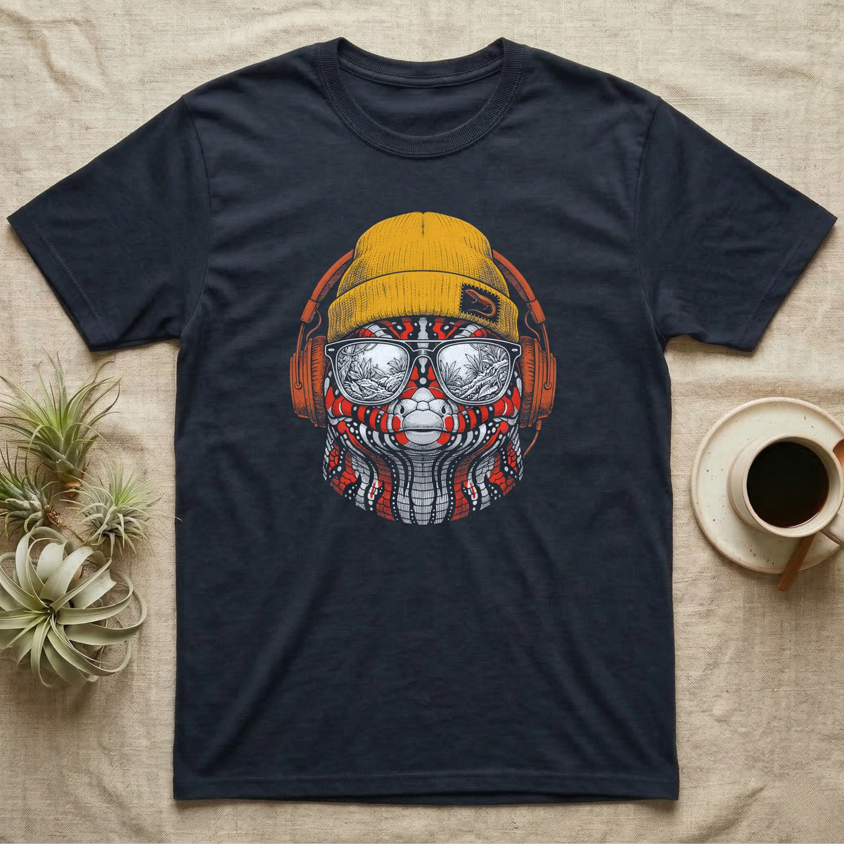 Fire Skink Headphones Groove T-Shirt in Navy — Engraved fire skink with bold red-and-black scales in a beanie and headphones, aviators reflecting a jungle.