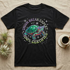 Red-Eared Slider Union Break T-Shirt in Black — Y2K cartoon red-eared slider turtle in sunglasses with chrome "Union Break Expert 100% Certified" lettering.