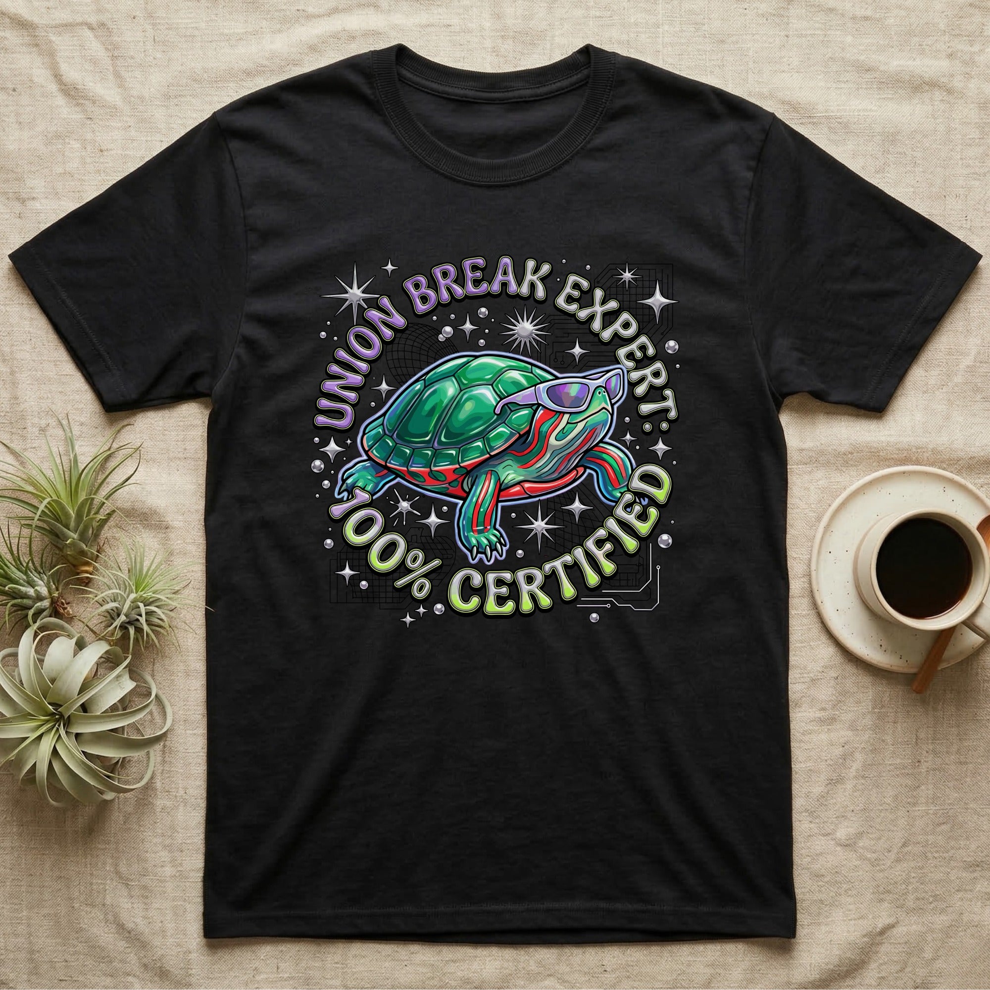 Red-Eared Slider Union Break T-Shirt in Black — Y2K cartoon red-eared slider turtle in sunglasses with chrome "Union Break Expert 100% Certified" lettering.