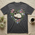 Dark grey t-shirt with a heart-shaped floral design featuring a Siamese cat.