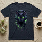 Black cat with neon green eyes wearing headphones, graphic design.
