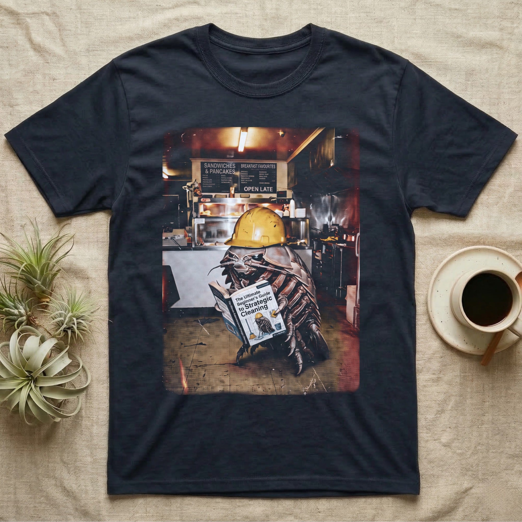 T-shirt graphic: cockroach in hard hat reads "The Ultimate Beginner's Guide to Strategic Cleaning."