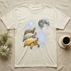 Sulcata Tortoise Moon Howl T-Shirt in Natural — Three Sulcata Tortoise colour morphs howling at a full moon over a nebula on a dark grey t-shirt.
