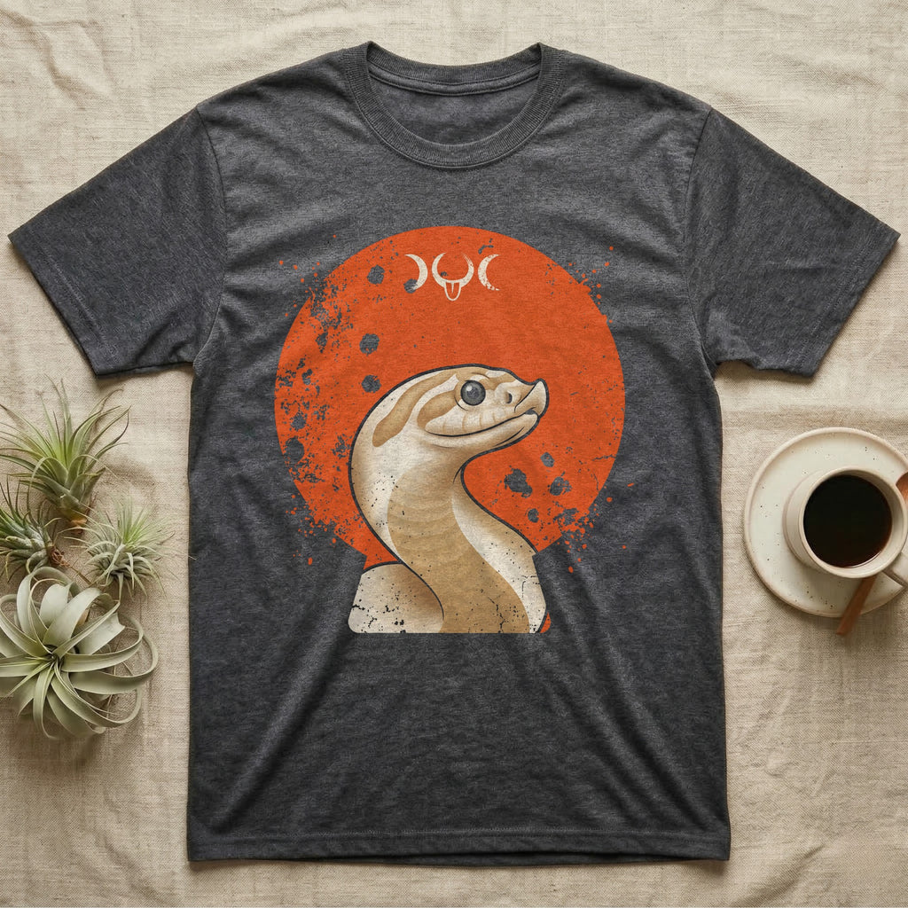 Western Hognose Disc Portrait T-Shirt in Dark Heather — Western hognose snake bust portrait on a flat distressed orange disc in warm sand tones on grey