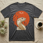 Western Hognose Disc Portrait T-Shirt in Dark Heather — Western hognose snake bust portrait on a flat distressed orange disc in warm sand tones on grey