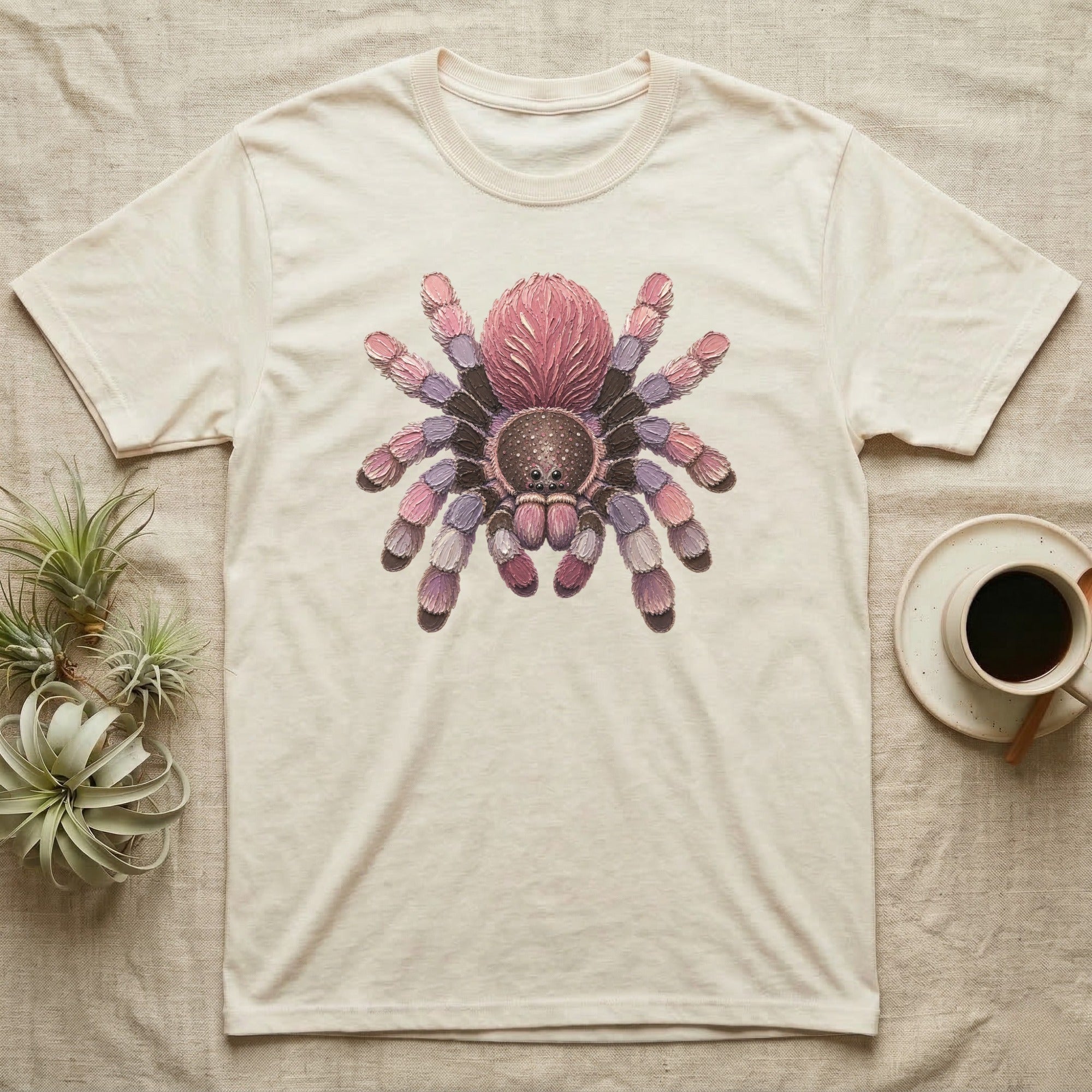Cream t-shirt featuring a colorful tarantula illustration with coffee and air plants.