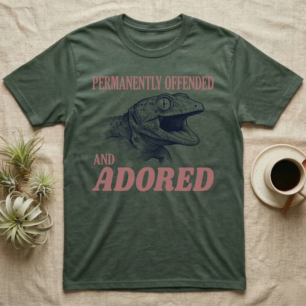 Tokay Gecko Permanently Offended T-Shirt in Military Green — Engraved tokay gecko head with mouth open, Permanently Offended above and Adored in large type below.