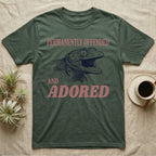 Tokay Gecko Permanently Offended T-Shirt in Military Green — Engraved tokay gecko head with mouth open, Permanently Offended above and Adored in large type below.