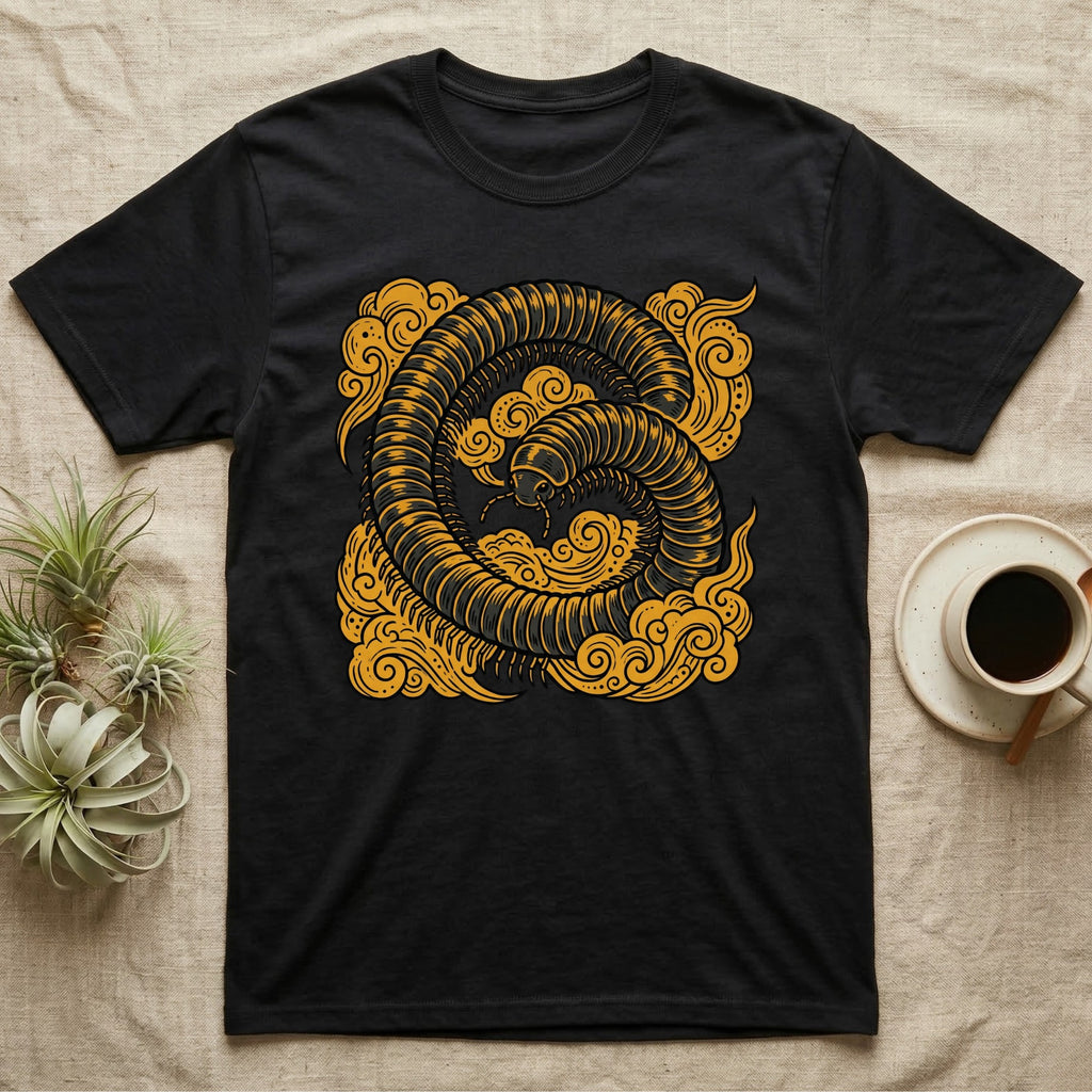 Black t-shirt with golden millipede and cloud design.