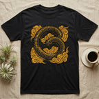 Black t-shirt with golden millipede and cloud design.