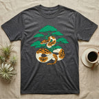 Dark grey t-shirt featuring a stylized orange and white snake coiled around a green tree.