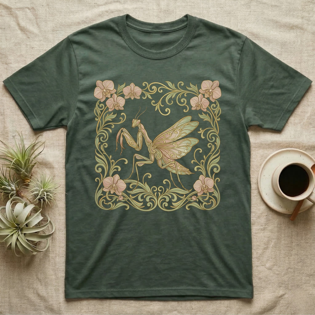Green t-shirt with a framed praying mantis and floral design.
