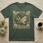 Green t-shirt with a framed praying mantis and floral design.