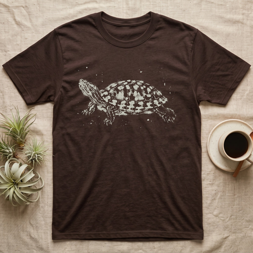 Red-Eared Slider Bleach T-Shirt in Dark Chocolate — Red-eared slider in side view basking with its neck stretched out, made of pale bleach spatter on black