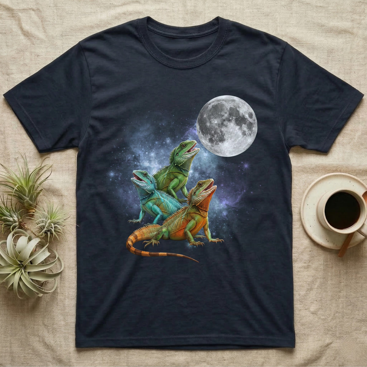 Chinese Water Dragon Moon Howl T-Shirt in Navy — Three Chinese Water Dragon colour morphs howling at a full moon over a nebula on a dark grey t-shirt.