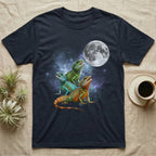 Chinese Water Dragon Moon Howl T-Shirt in Navy — Three Chinese Water Dragon colour morphs howling at a full moon over a nebula on a dark grey t-shirt.