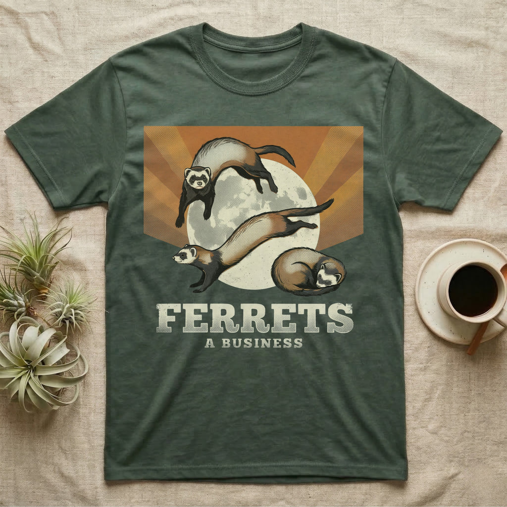 Three Ferret Moon Tee in Military Green — Retro-illustration of three ferrets in war-dance, stretch, and sleeping-coil poses around a stratified halftone full moon.