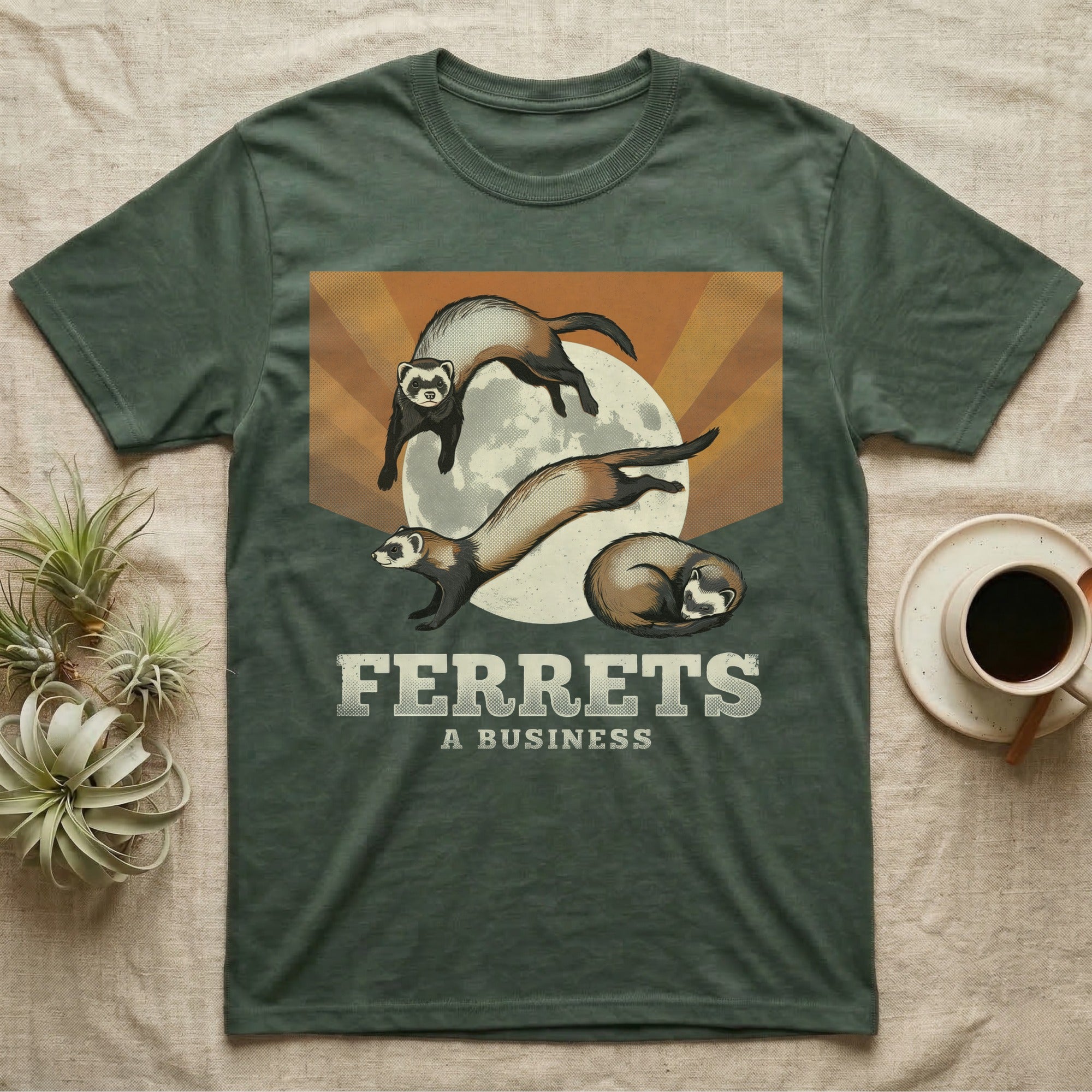 Three Ferret Moon Tee in Military Green — Retro-illustration of three ferrets in war-dance, stretch, and sleeping-coil poses around a stratified halftone full moon.