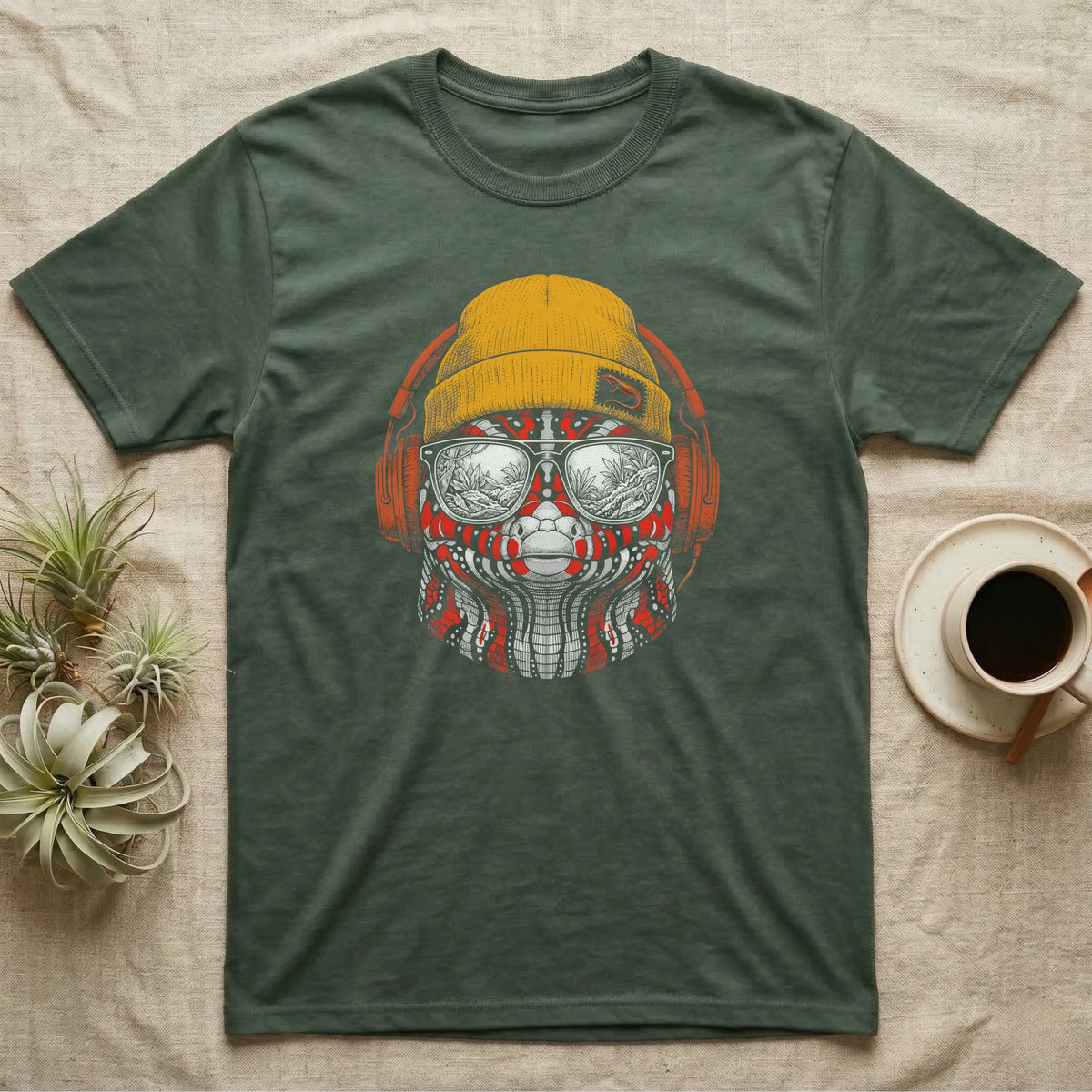 Fire Skink Headphones Groove T-Shirt in Military Green — Engraved fire skink with bold red-and-black scales in a beanie and headphones, aviators reflecting a jungle.