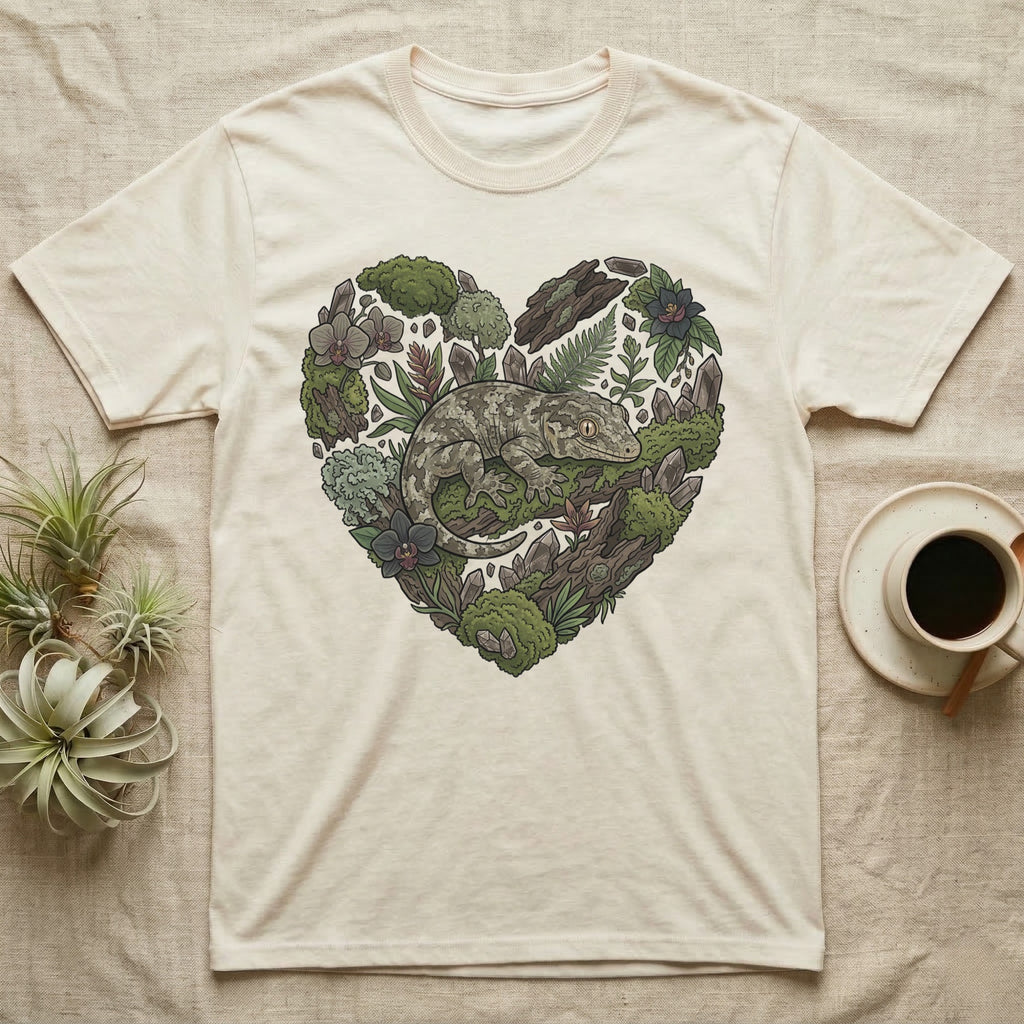 Cream t-shirt with a heart-shaped illustration of a gecko and natural elements.