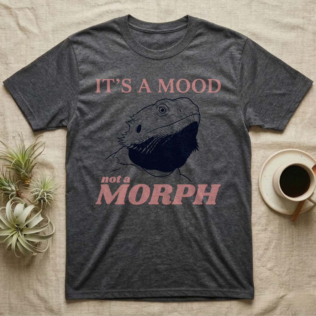 Bearded Dragon Black Mood T-Shirt in Dark Heather — Engraved bearded dragon with a fully flared black beard, between the words It's A Mood and morph in dusty rose.