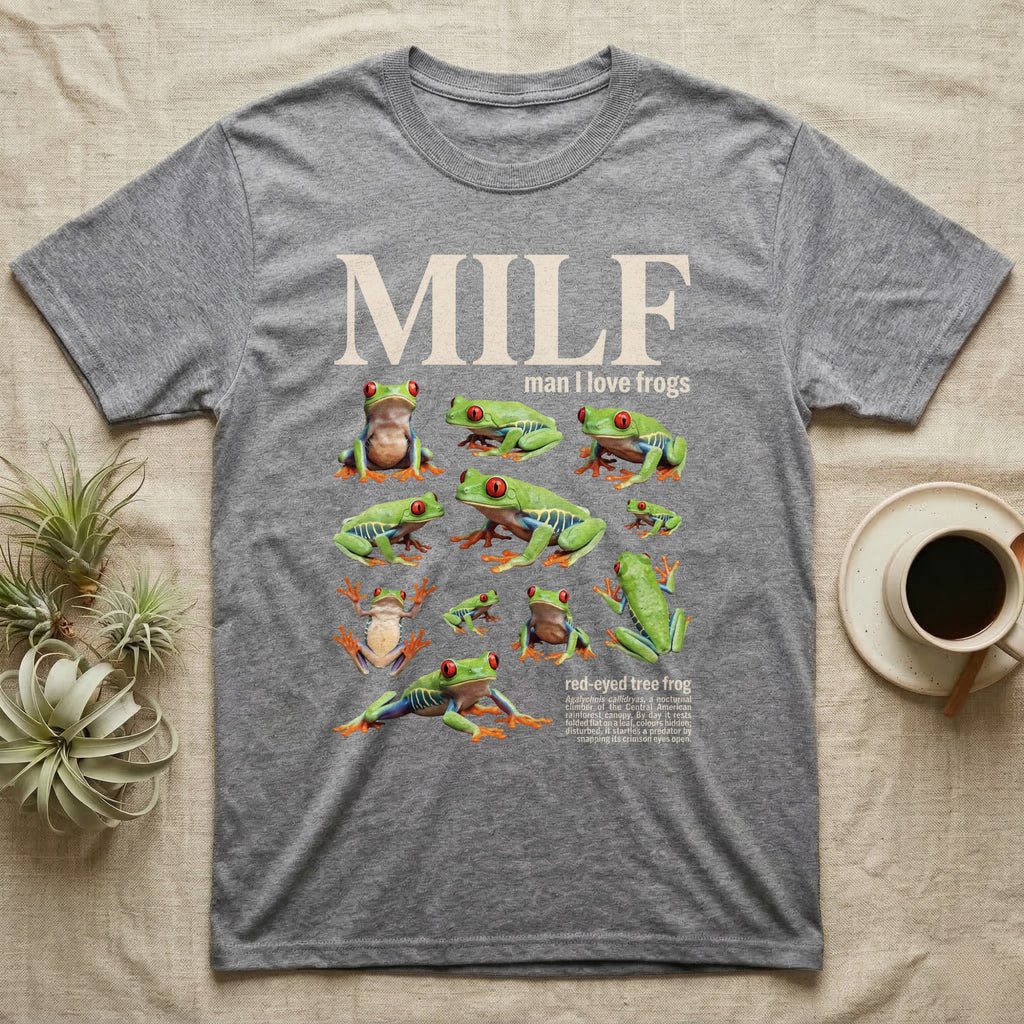 Red-Eyed Tree Frog MILF T-Shirt in Sport Grey — Eight red-eyed tree frogs in a cut-out photo collage beneath the huge cream word MILF on grey.