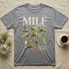 Red-Eyed Tree Frog MILF T-Shirt in Sport Grey — Eight red-eyed tree frogs in a cut-out photo collage beneath the huge cream word MILF on grey.