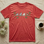 Amazon Milk Frog Branch T-Shirt in Heather Red — Four banded Amazon milk frogs perched along one slender branch, drawn in loose ink line and soft watercolour wash.
