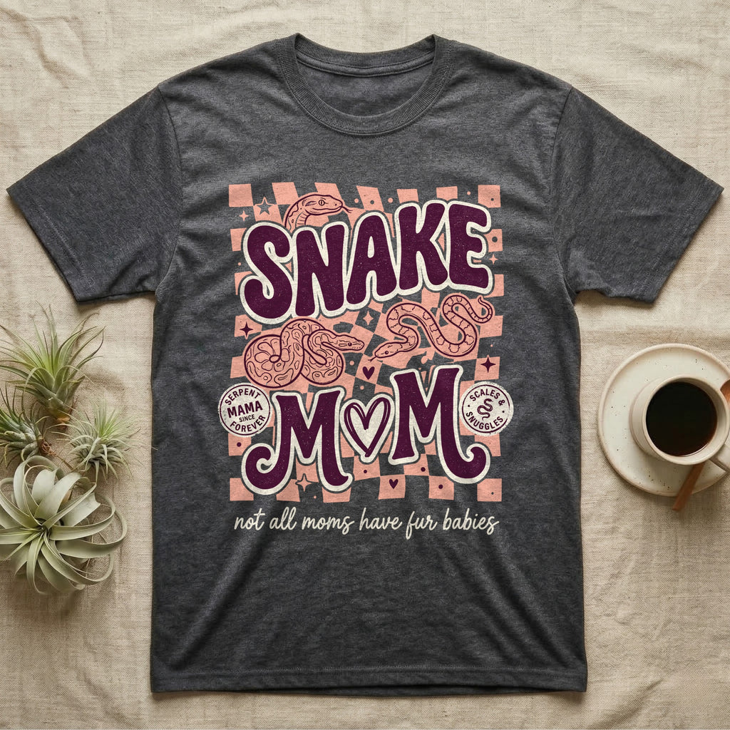 Dark grey t-shirt with "Snake Mom" text and coiled snakes, with checkered background.