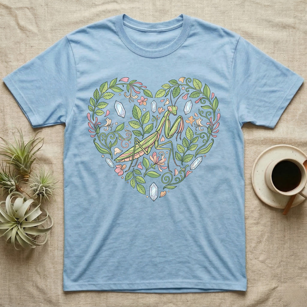 Light blue t-shirt with a heart-shaped floral design featuring a praying mantis.