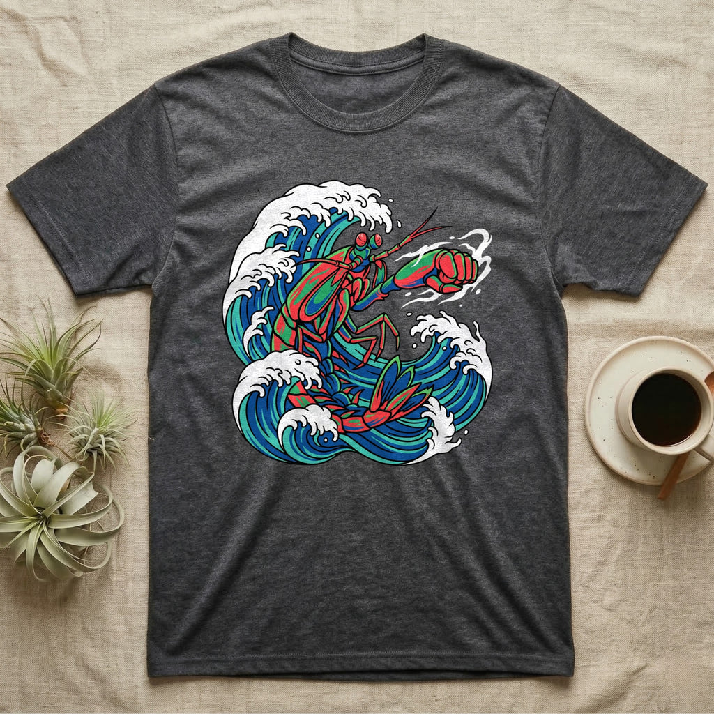 Charcoal t-shirt with a colorful lobster and crashing waves graphic.