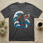 Charcoal t-shirt with a colorful lobster and crashing waves graphic.