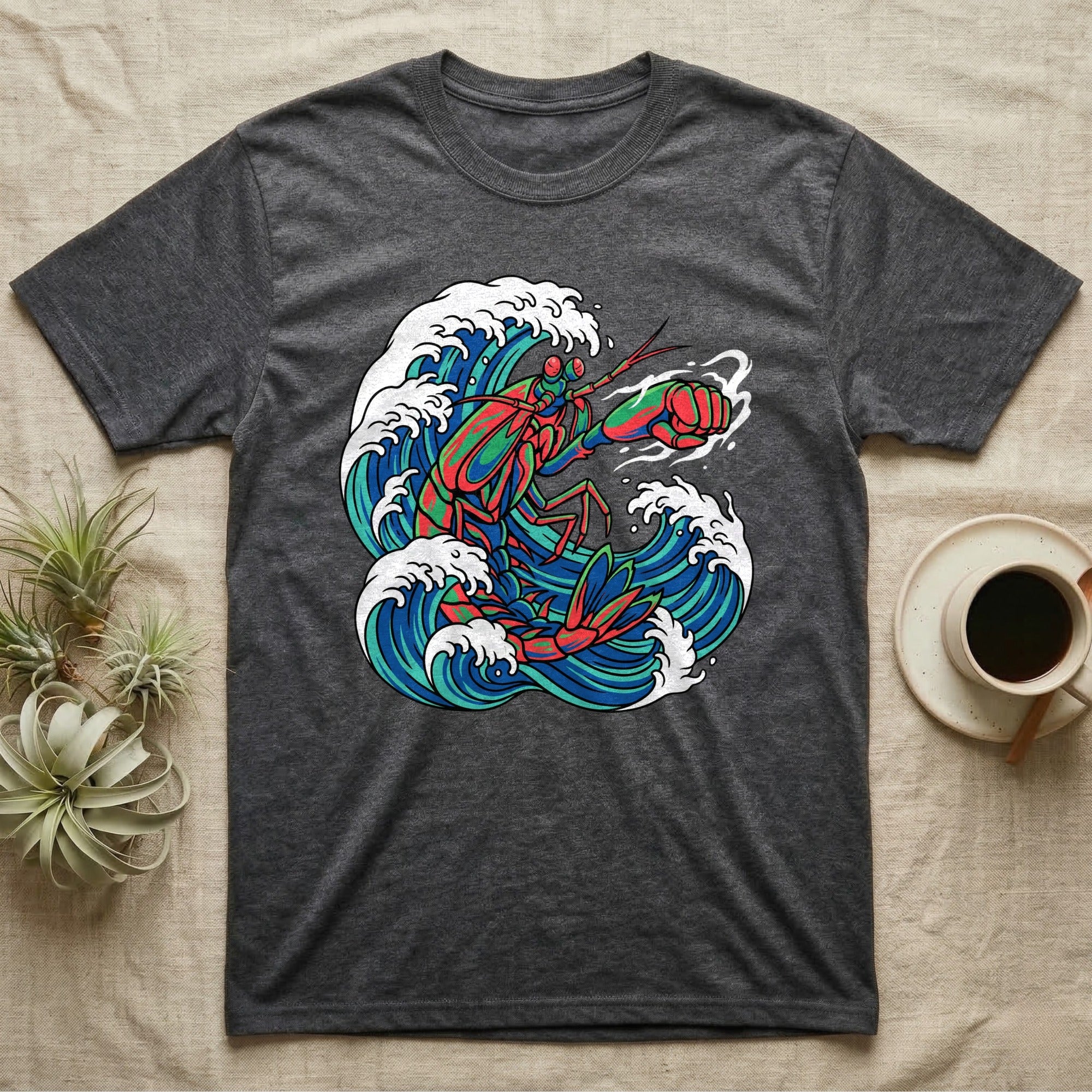 Charcoal t-shirt with a colorful lobster and crashing waves graphic.