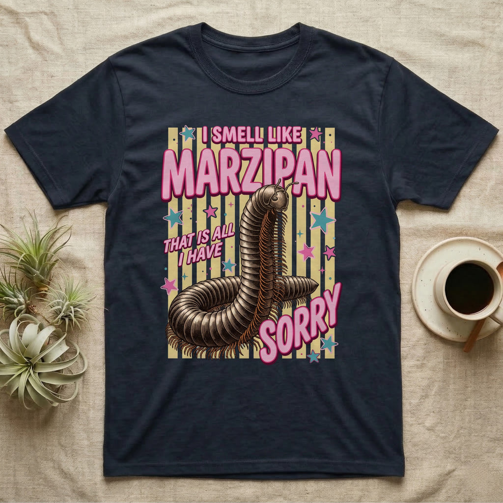 Millipede Almond Defence T-Shirt in Navy — Engraved giant African millipede coiled upright under fat pink club lettering reading ALMOND DEFENCE on yellow stripes.