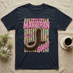 Millipede Almond Defence T-Shirt in Navy — Engraved giant African millipede coiled upright under fat pink club lettering reading ALMOND DEFENCE on yellow stripes.