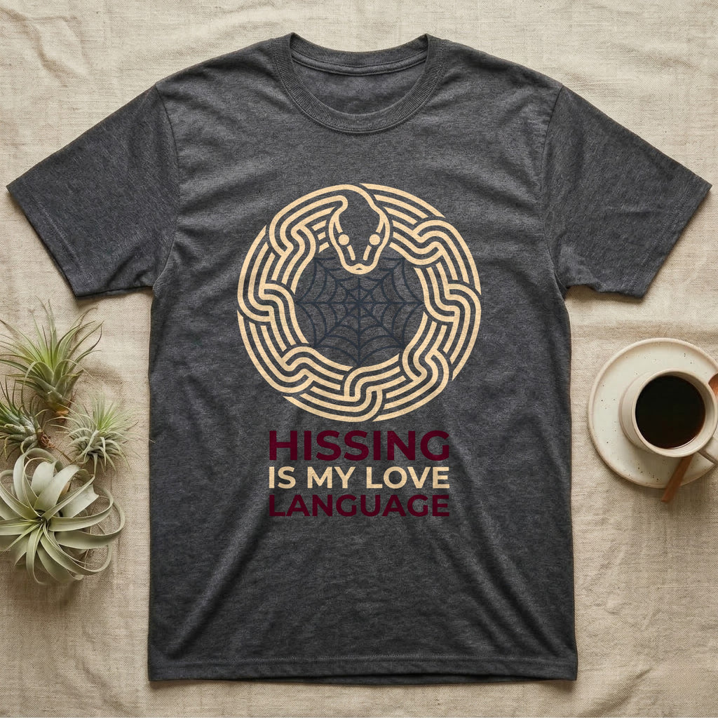 Ball Python Hissing Spiderweb T-Shirt in Dark Heather — Minimal continuous-line ball python coiled around a faint spiderweb, "Hissing Is My Love Language."