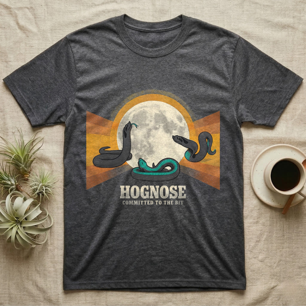 Three Hognose Moon Tee in Dark Heather — Retro-illustration of three western hognose snakes in distinct death-feign poses around a stratified halftone full moon.