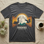 Three Hognose Moon Tee in Dark Heather — Retro-illustration of three western hognose snakes in distinct death-feign poses around a stratified halftone full moon.