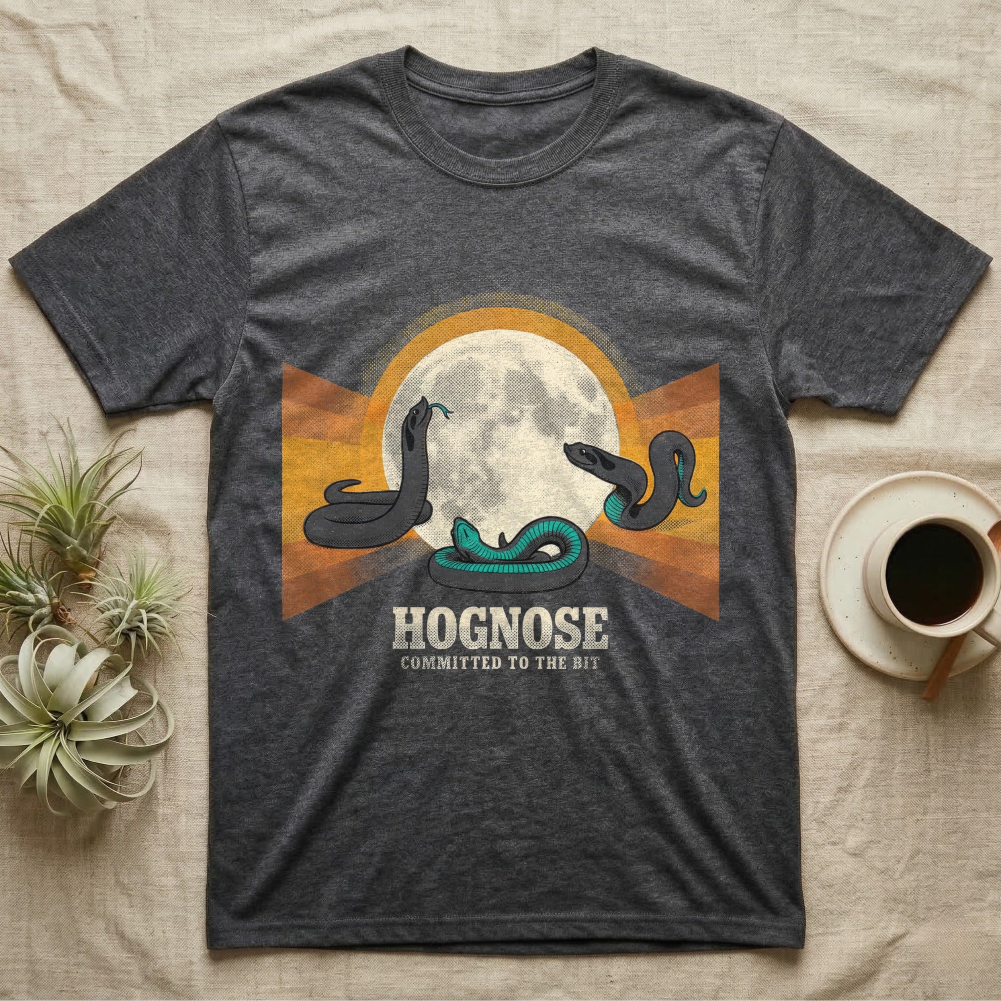 Three Hognose Moon Tee in Dark Heather — Retro-illustration of three western hognose snakes in distinct death-feign poses around a stratified halftone full moon.