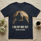 Deadpan mugshot of a Russian tortoise on black, captioned I dig my way out, fences are ideas. — shown on a Navy tee.