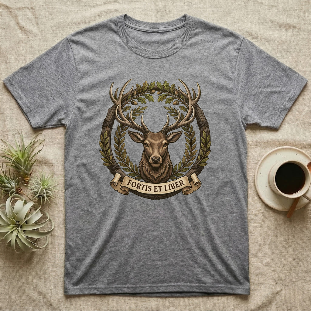 Grey t-shirt with a stag's head in a laurel wreath with "FORTIS ET LIBER" banner.