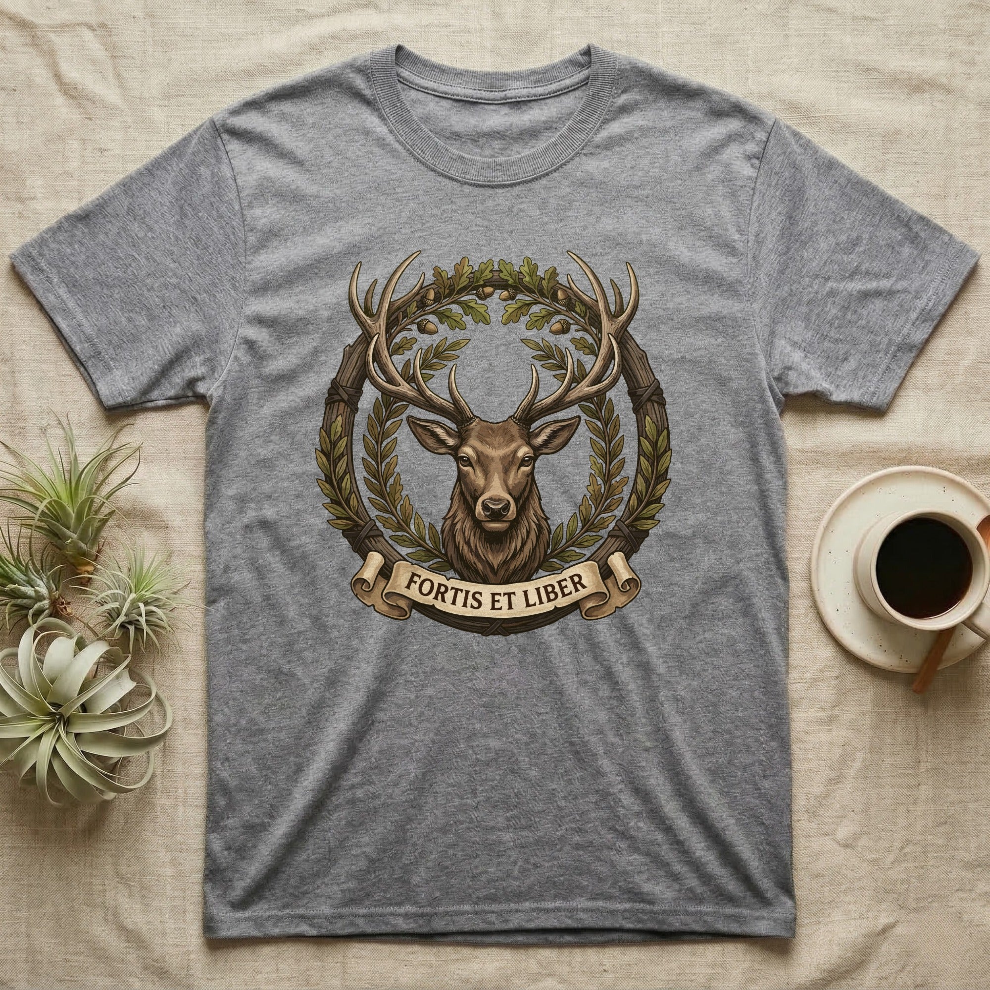 Grey t-shirt with a stag's head in a laurel wreath with "FORTIS ET LIBER" banner.