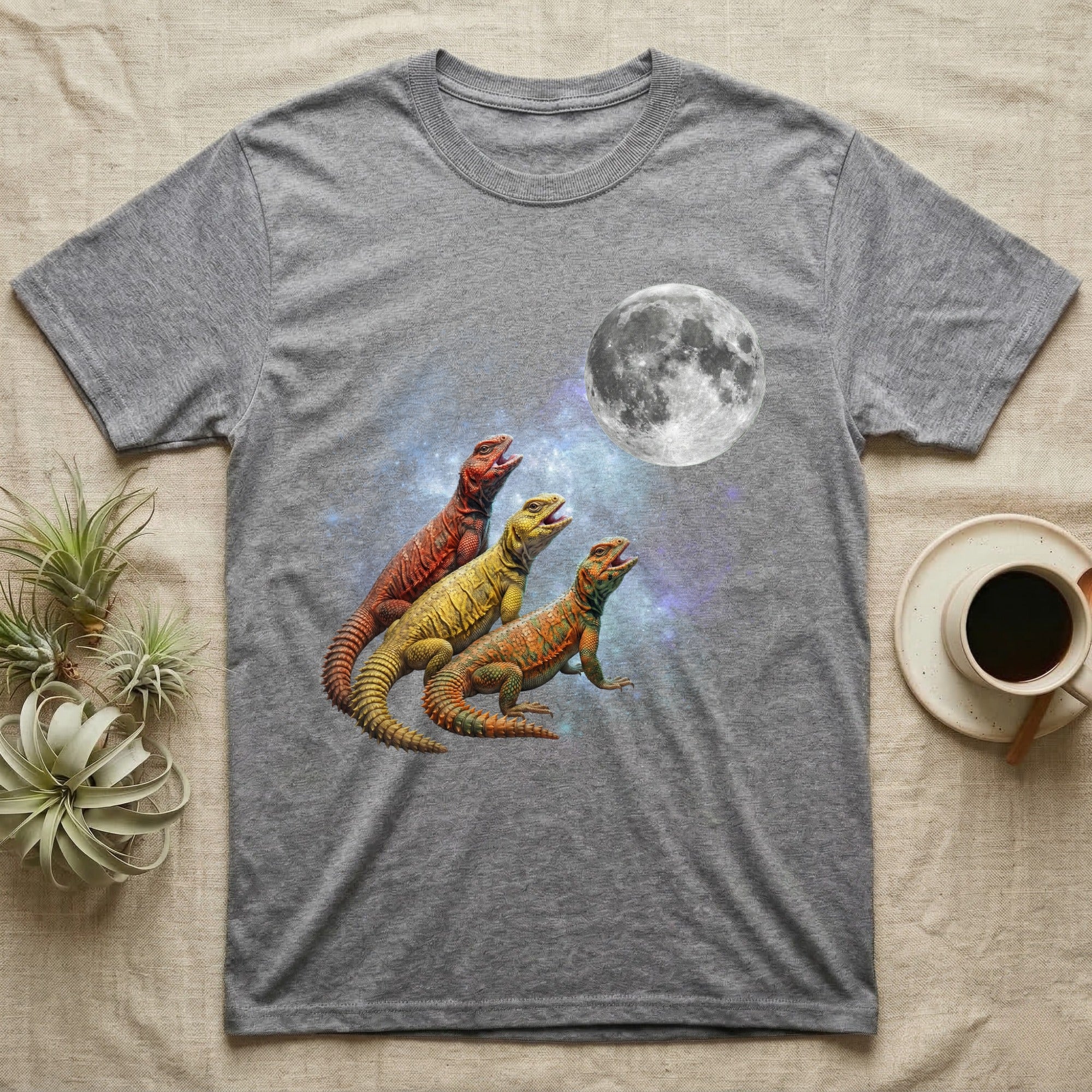 Uromastyx Moon Howl T-Shirt in Sport Grey — Three Uromastyx colour morphs howling at a full moon over a nebula on a dark grey t-shirt.