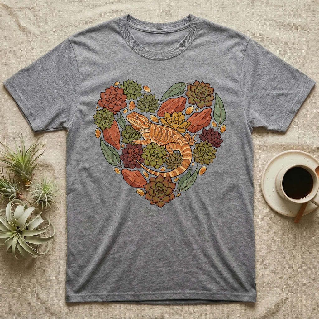 Grey t-shirt with a heart-shaped succulent and bearded dragon design.