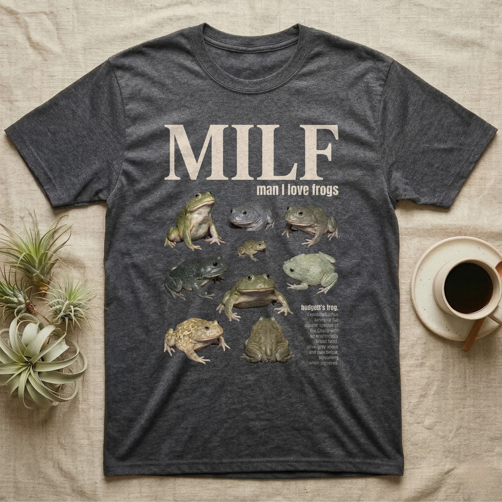 Budgett's Frog MILF T-Shirt in Dark Heather — Seven Budgett's frogs in a cut-out photo collage under the huge cream word MILF, man I love budgett's frogs.